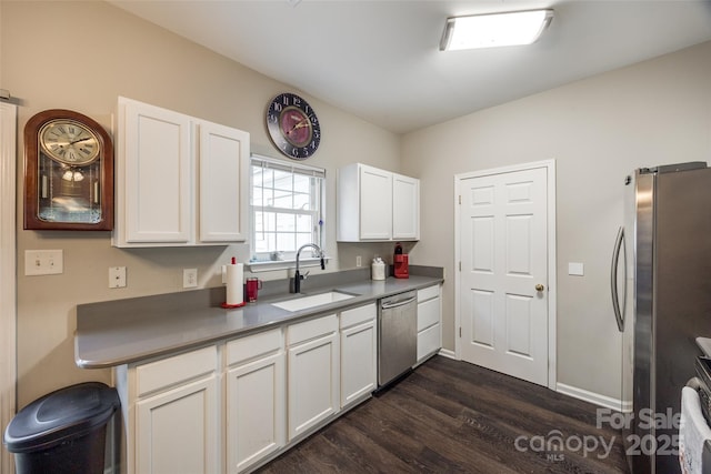 kitchen featuring dark wood-type flooring, a sink, baseboards, white cabinets, and appliances with stainless steel finishes