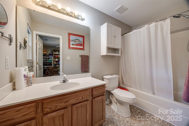 full bathroom featuring toilet, shower / bath combo with shower curtain, vanity, and visible vents