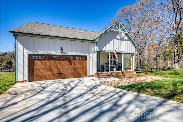 modern farmhouse style home with a shingled roof, fence, concrete driveway, covered porch, and a garage