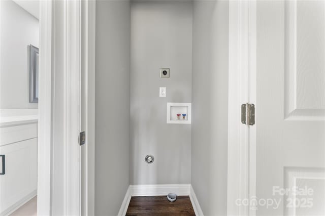 clothes washing area featuring laundry area, washer hookup, wood finished floors, baseboards, and electric dryer hookup