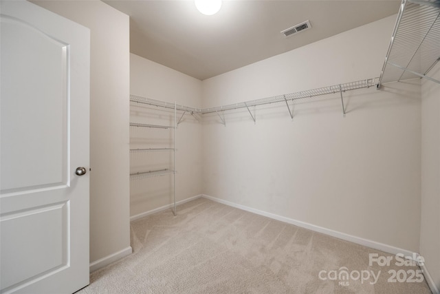 walk in closet featuring visible vents and light carpet