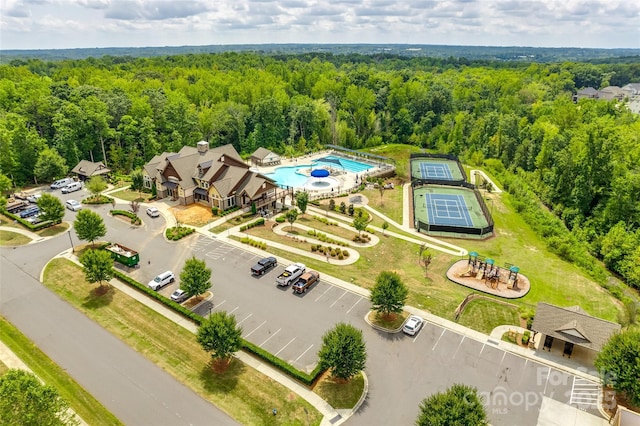 drone / aerial view with a forest view