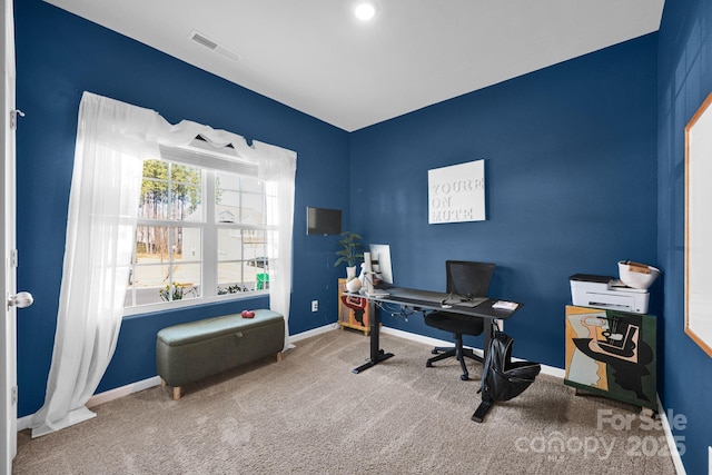 home office featuring baseboards, visible vents, and carpet flooring