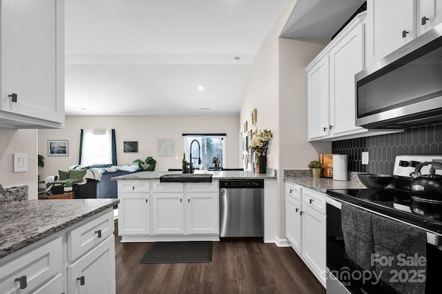 kitchen with stainless steel appliances, a peninsula, a sink, plenty of natural light, and dark wood finished floors