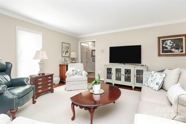 living room with ornamental molding and baseboards