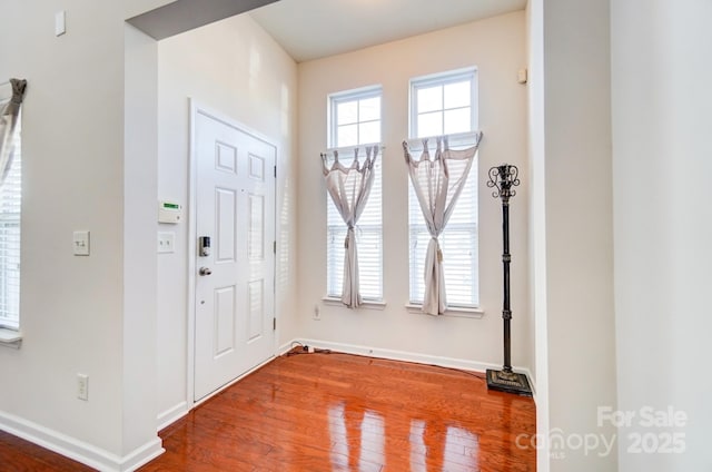 entryway with baseboards and wood finished floors