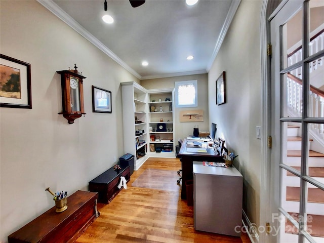 office with light wood-style floors, ornamental molding, and recessed lighting