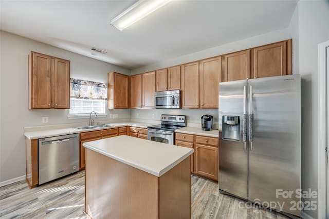 kitchen featuring light wood-style flooring, stainless steel appliances, a sink, visible vents, and light countertops