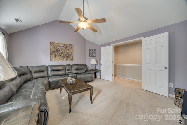 living room featuring light carpet, lofted ceiling, visible vents, and a ceiling fan