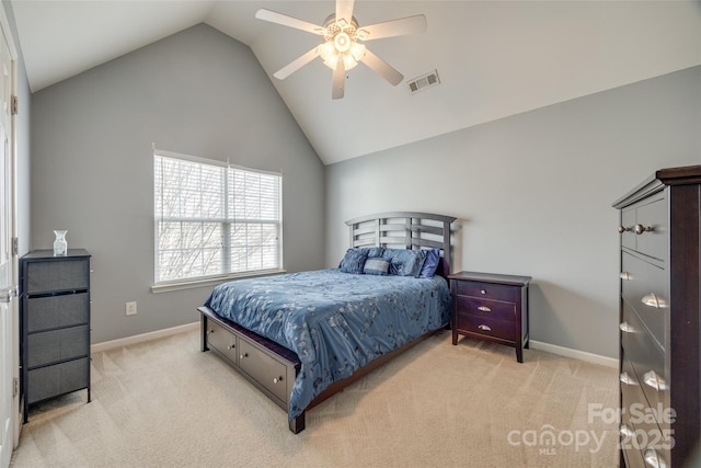 bedroom with carpet floors, baseboards, visible vents, and a ceiling fan