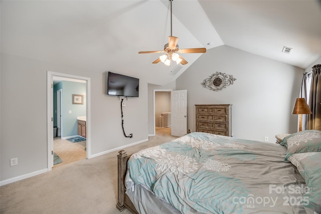 bedroom featuring light colored carpet, visible vents, vaulted ceiling, ceiling fan, and baseboards