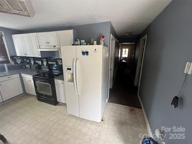 kitchen with light floors, under cabinet range hood, white cabinets, black electric range, and white fridge with ice dispenser