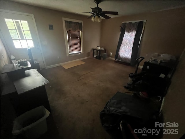 interior space with a ceiling fan and baseboards