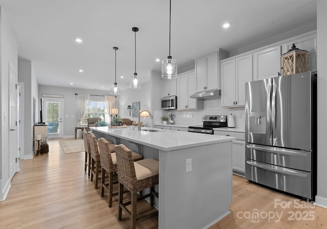 kitchen with decorative backsplash, stainless steel appliances, light countertops, under cabinet range hood, and a sink