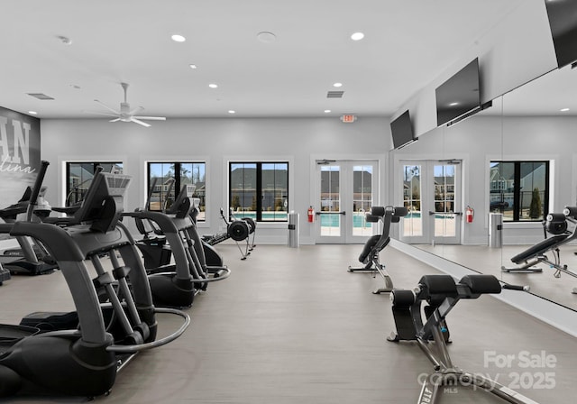 gym featuring french doors, visible vents, and recessed lighting