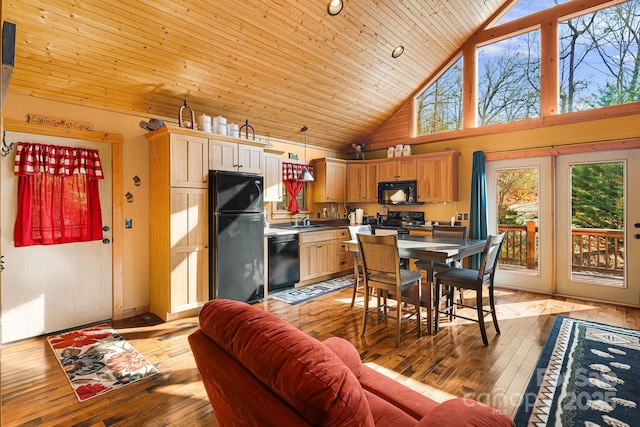 interior space with high vaulted ceiling, light wood-style flooring, and wood ceiling