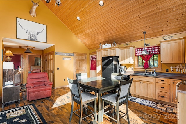 dining space with high vaulted ceiling, dark wood-style flooring, and wooden ceiling