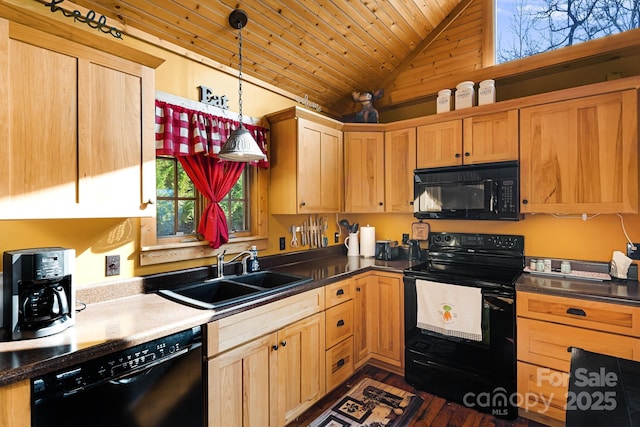 kitchen featuring lofted ceiling, wood ceiling, decorative light fixtures, black appliances, and a sink