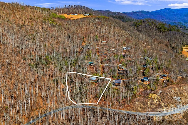 drone / aerial view featuring a mountain view and a wooded view