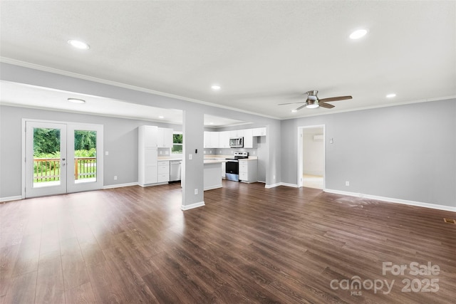 228 Tot Dellinger Rd, Cherryville, NC 28021 - unfurnished living room featuring ornamental molding, a ceiling fan, dark wood-style floors, recessed lighting, and baseboards