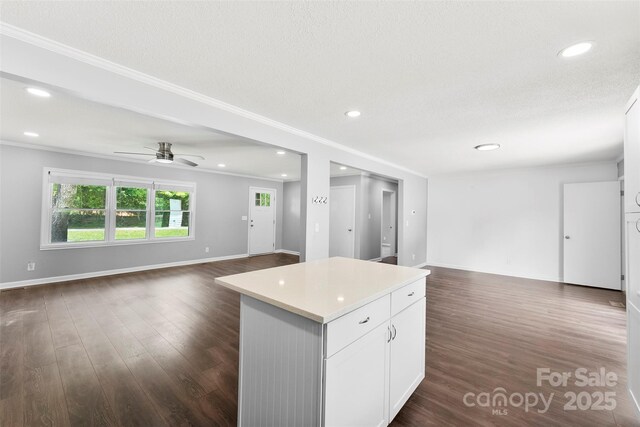228 Tot Dellinger Rd, Cherryville, NC 28021 - kitchen with open floor plan, white cabinetry, a kitchen island, ornamental molding, and ceiling fan