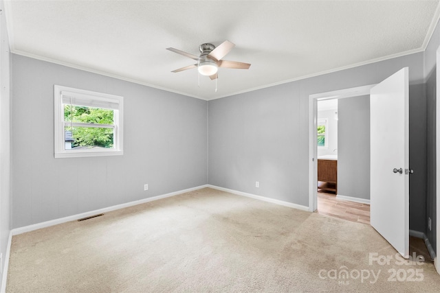 228 Tot Dellinger Rd, Cherryville, NC 28021 - spare room with crown molding, healthy amount of natural light, a ceiling fan, light carpet, and baseboards