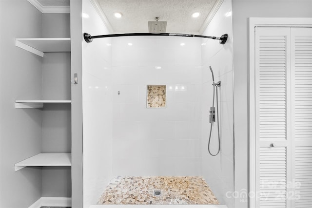 228 Tot Dellinger Rd, Cherryville, NC 28021 - bathroom with a closet, tiled shower, recessed lighting, and ornamental molding