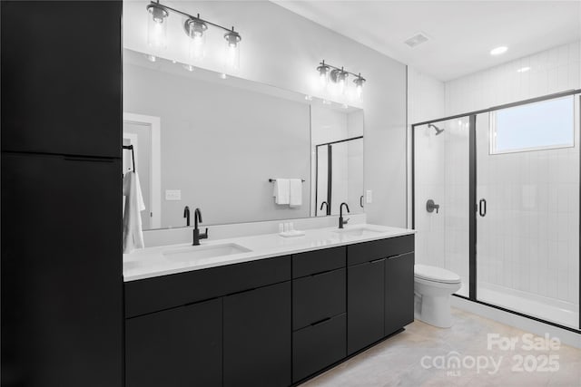 bathroom featuring a sink, a shower stall, and double vanity