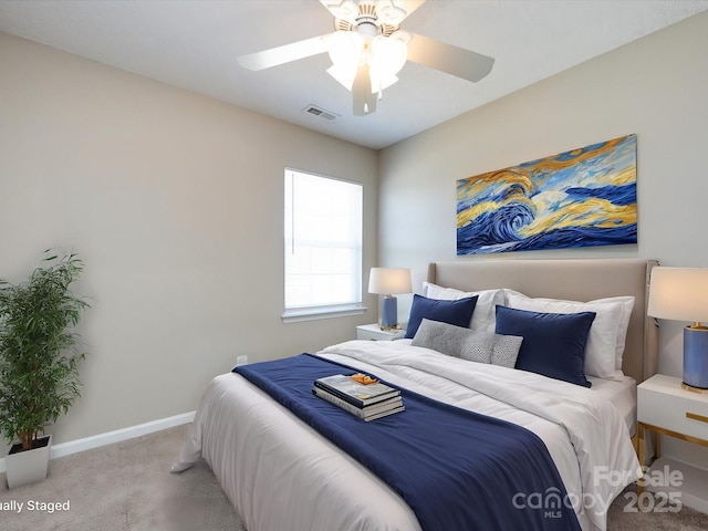 bedroom featuring carpet, visible vents, ceiling fan, and baseboards