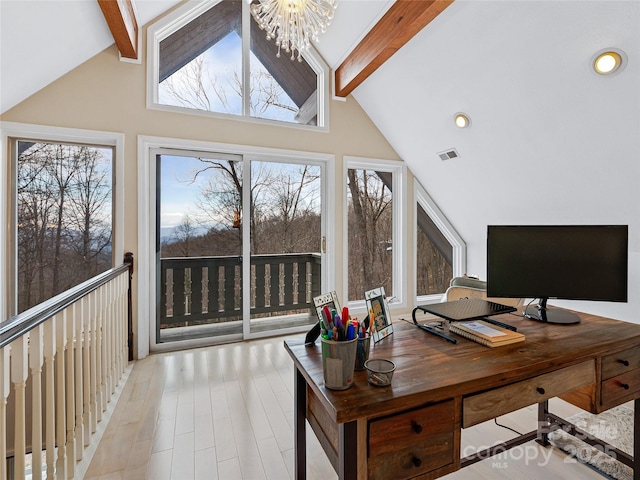 home office with recessed lighting, a notable chandelier, visible vents, light wood finished floors, and beamed ceiling