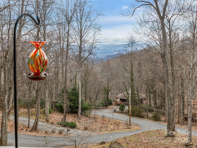 view of yard featuring a mountain view, aphalt driveway, and a wooded view