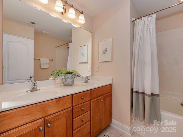 bathroom with double vanity, shower / bathtub combination with curtain, visible vents, and a sink