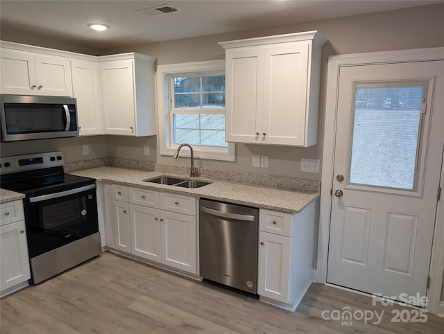 kitchen with visible vents, stainless steel appliances, light wood-style floors, white cabinetry, and a sink