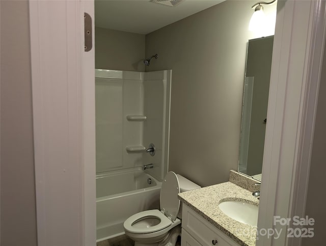 bathroom with shower / bath combination, visible vents, vanity, and toilet