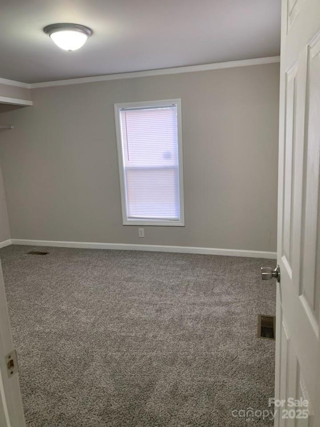 spare room with baseboards, carpet flooring, visible vents, and crown molding