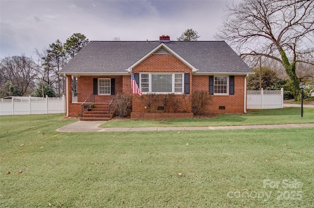 view of front of house featuring brick siding, crawl space, a chimney, and fence