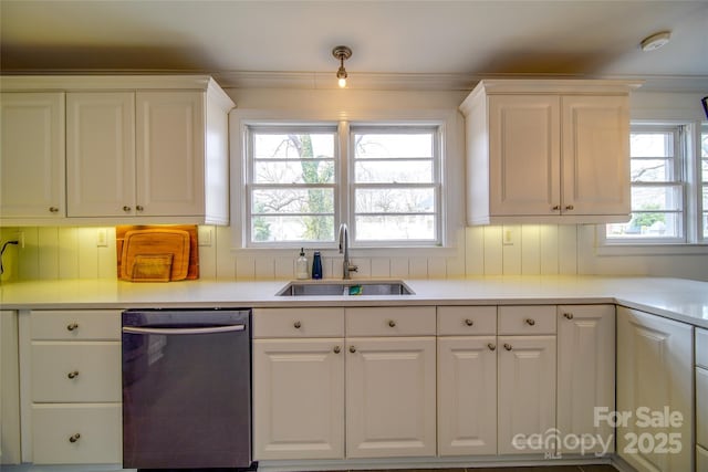 kitchen featuring dishwashing machine, a sink, and white cabinets