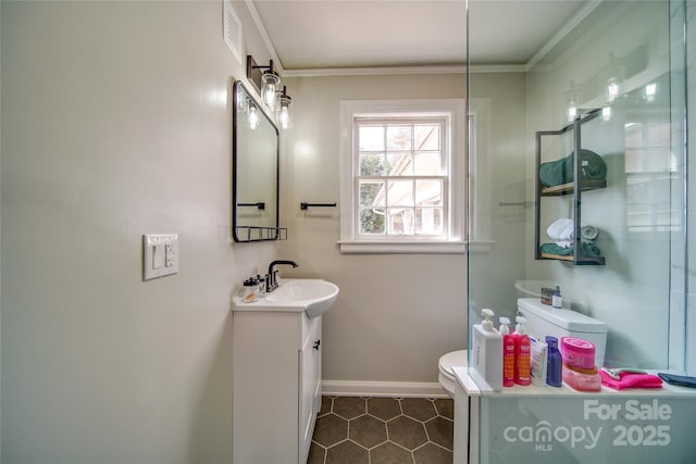 bathroom featuring toilet, visible vents, crown molding, and vanity