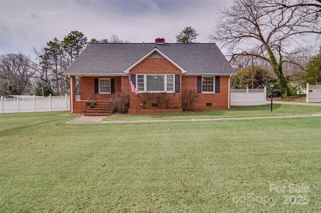 view of front facade with brick siding, a shingled roof, fence, crawl space, and a front lawn