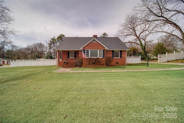 view of front of house with brick siding, fence, crawl space, a front lawn, and a chimney