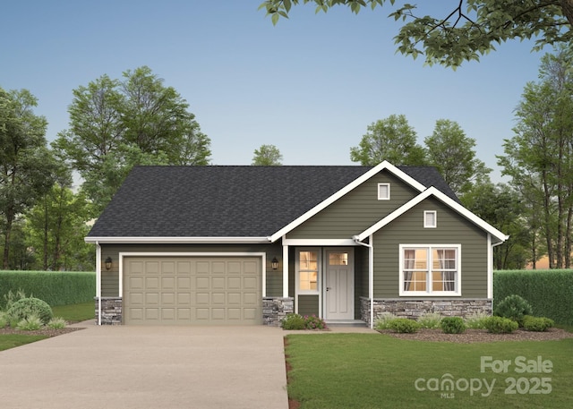 craftsman-style house with a garage, stone siding, a shingled roof, and concrete driveway