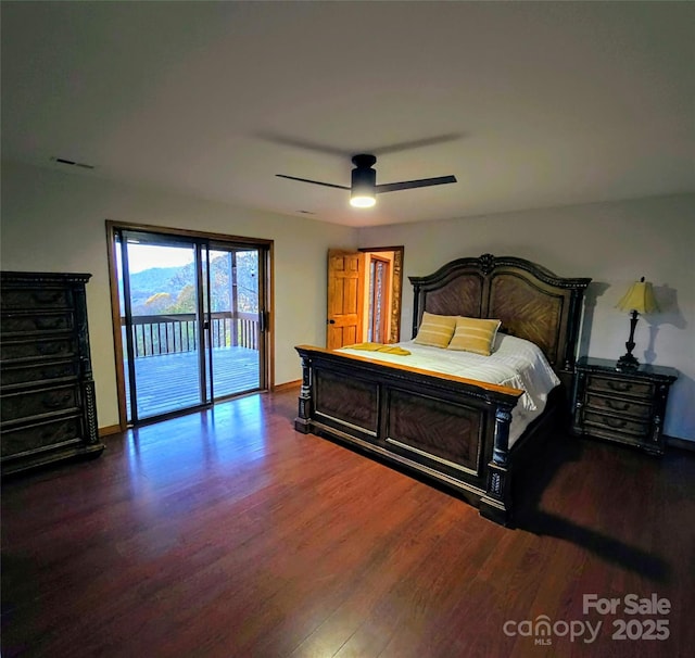 bedroom with a ceiling fan, access to outside, baseboards, and wood finished floors