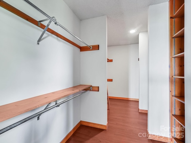 walk in closet with dark wood-style floors