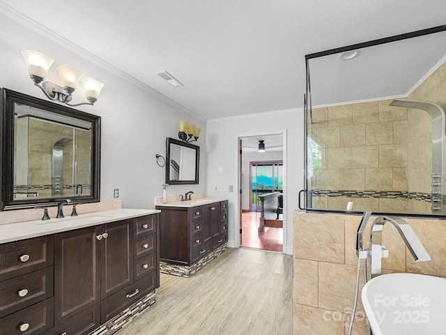 bathroom featuring a stall shower, ornamental molding, two vanities, and a sink