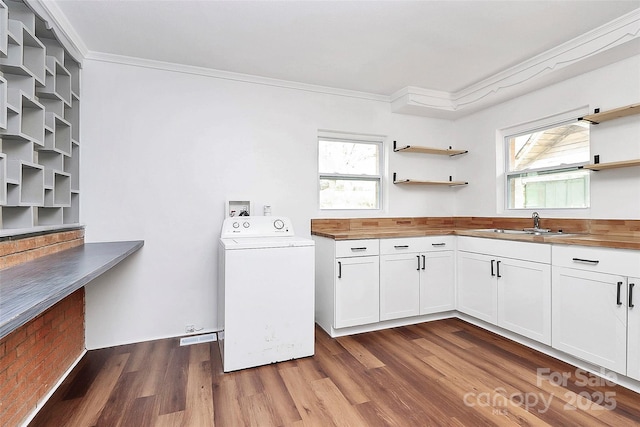 clothes washing area featuring dark wood-style floors, plenty of natural light, washer / clothes dryer, and a sink