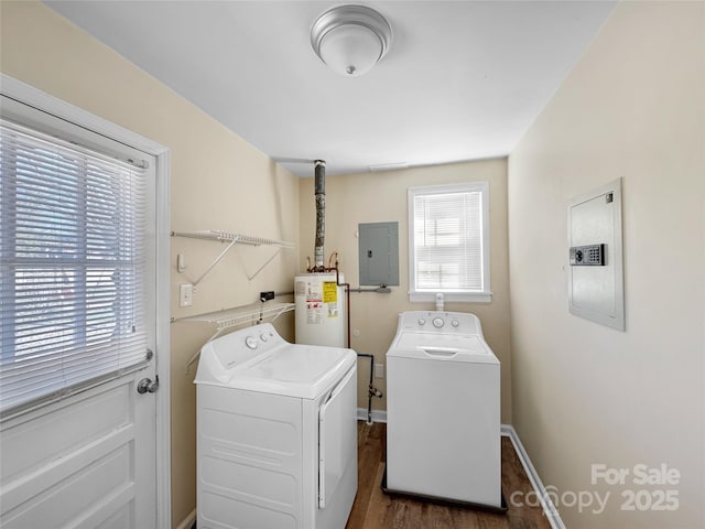 clothes washing area with water heater, laundry area, independent washer and dryer, and electric panel