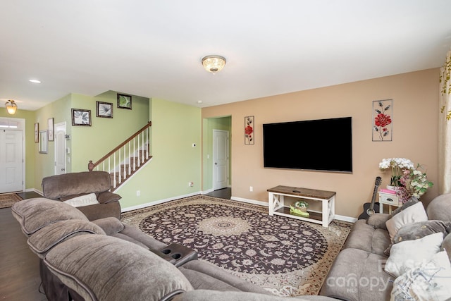 living area with stairway, recessed lighting, and baseboards