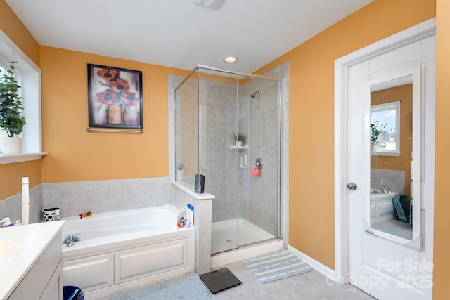 full bathroom with a stall shower, vanity, recessed lighting, and a bath