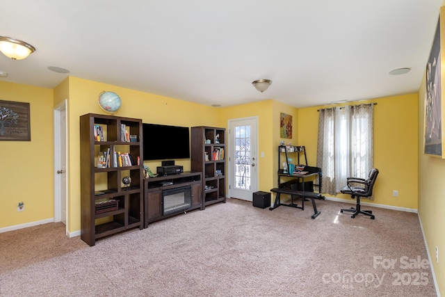 living area with carpet flooring and baseboards