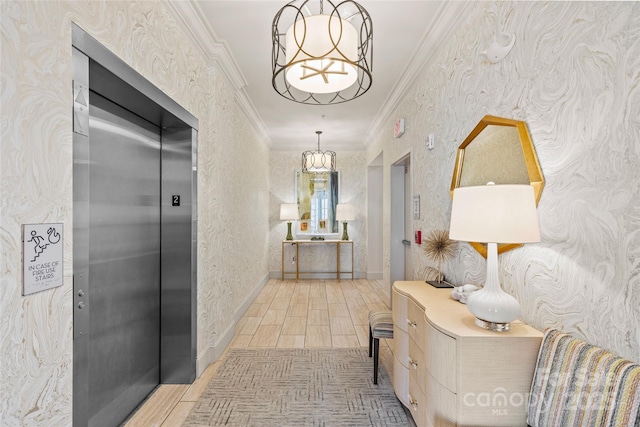 hall featuring elevator, baseboards, wood tiled floor, wallpapered walls, and crown molding